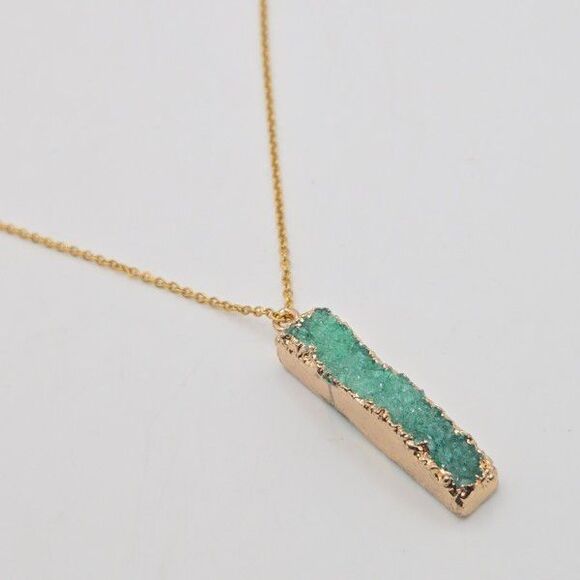 Seafoam Green Grystal Druzy Bar Pendant Necklace 17" Gold Tone Cable Chain - Picture 3 of 5